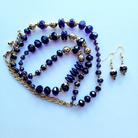 Artisan Purple Faceted Glass Beaded Necklace & Earring Set Gold Tone - Picture 5 of 6